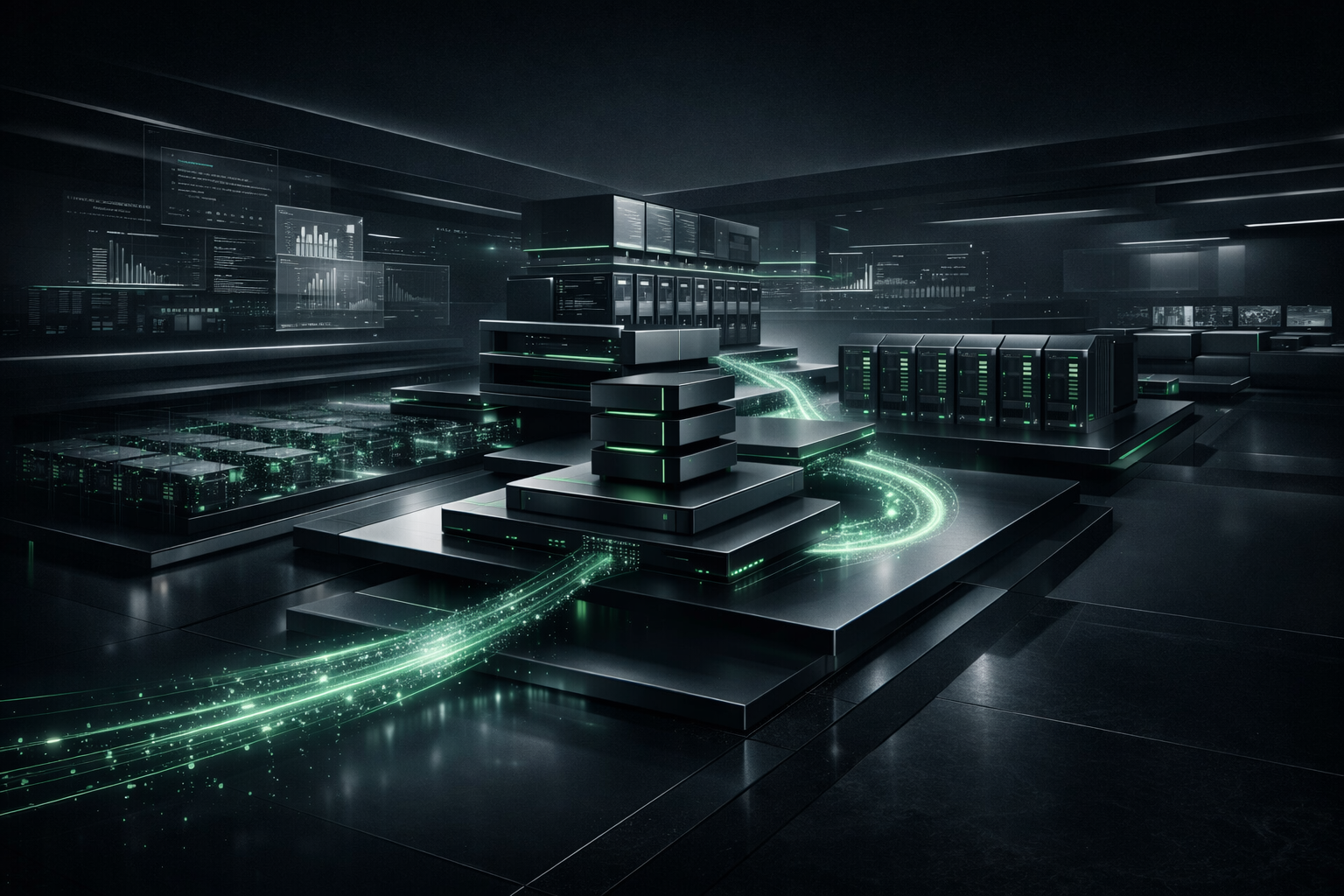 Premium render of a connected technical environment spanning software, data, infrastructure, and delivery layers.