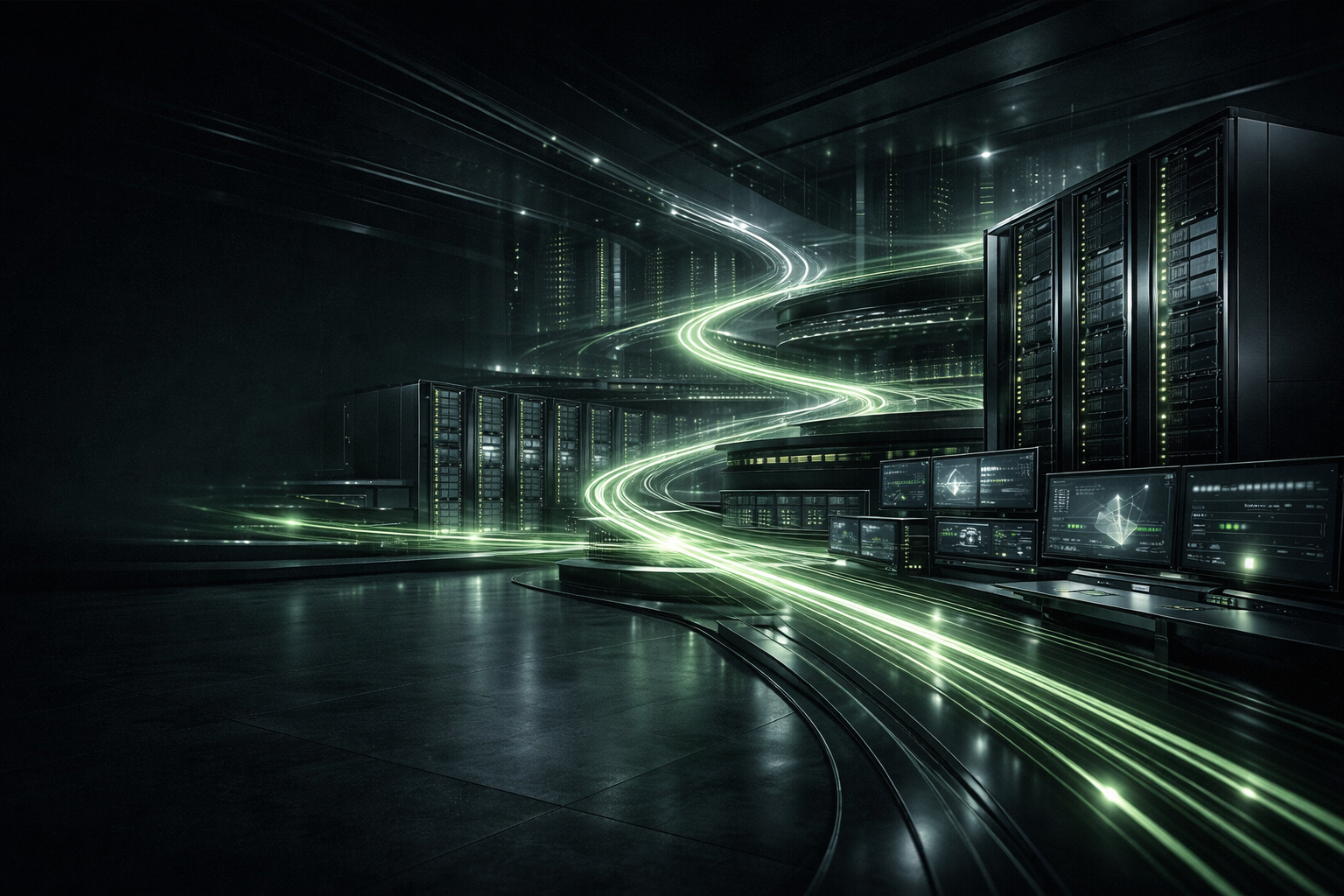 Premium render of an AI infrastructure environment with GPU systems, data pathways, and cluster operations.