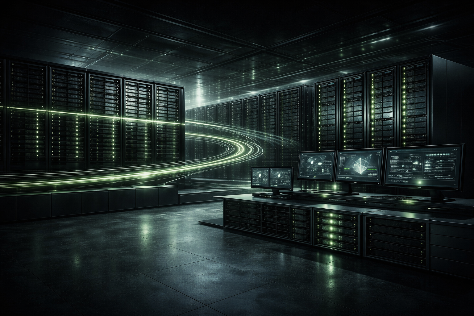 Premium render of GPU and HPC infrastructure with compute racks, control surfaces, and operational visibility.