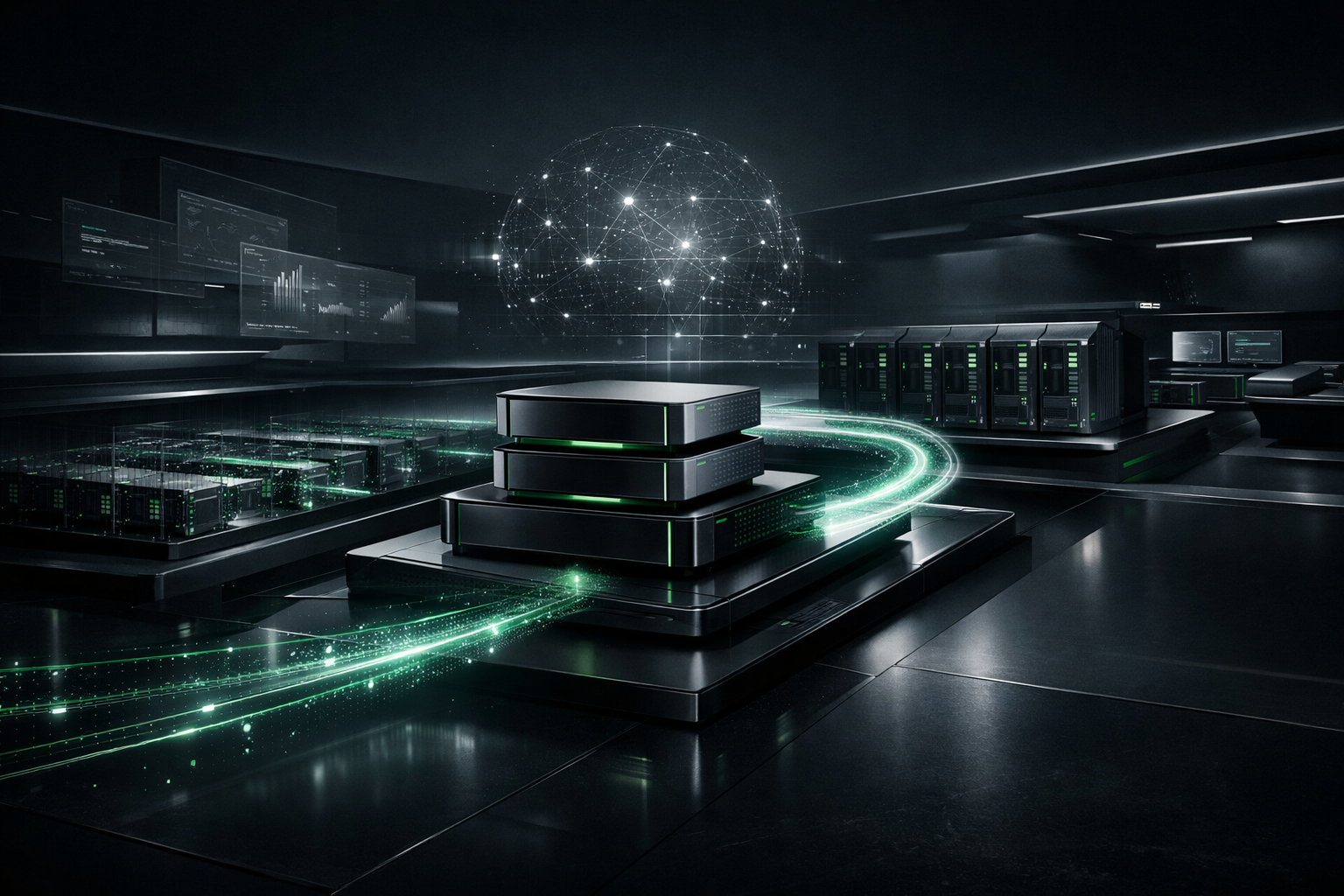 Premium render showing AI systems, platform layers, and infrastructure capabilities working as one service stack.